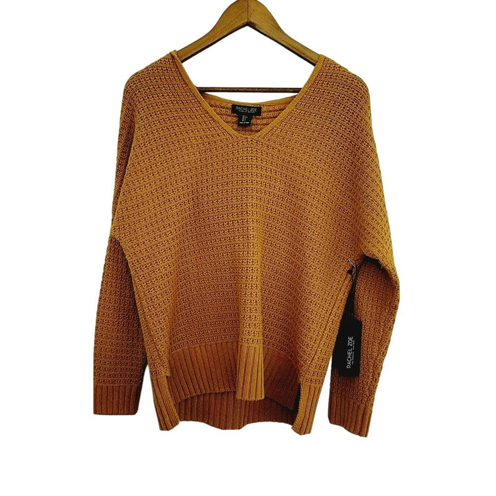 Rachel Zoe Mustard Yellow Knitted Hoodie Sweater V Neck Sz Small